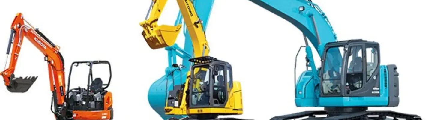 A lineup of various excavator models displayed outdoors, showcasing different sizes and designs for construction use.