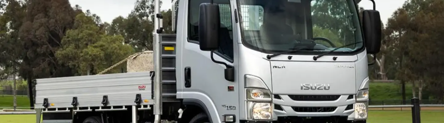 A white Isuzu flatbed truck parked outdoors, carrying a load of gravel, with trees and grass in the background.