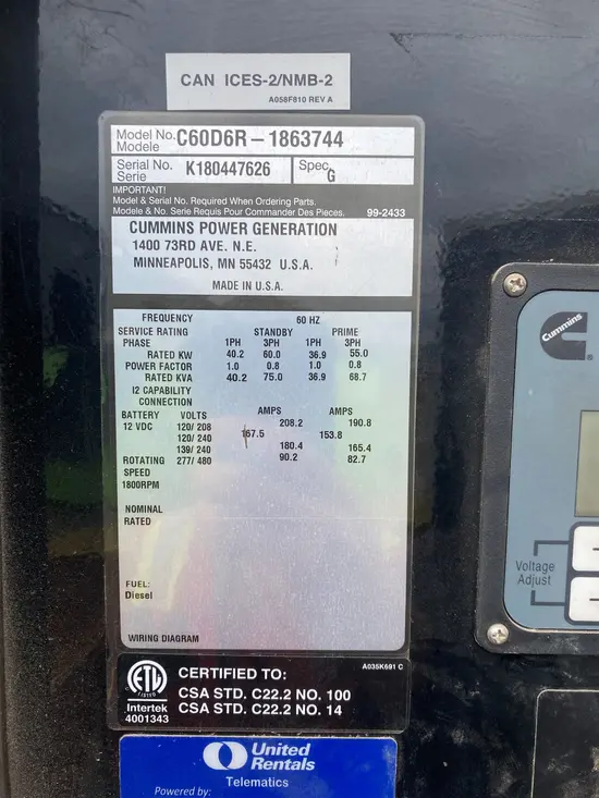 2019 Cummins C60D6R Diesel Generator