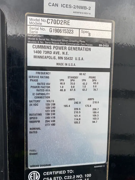 2019 Cummins C70D2RE Diesel Generator