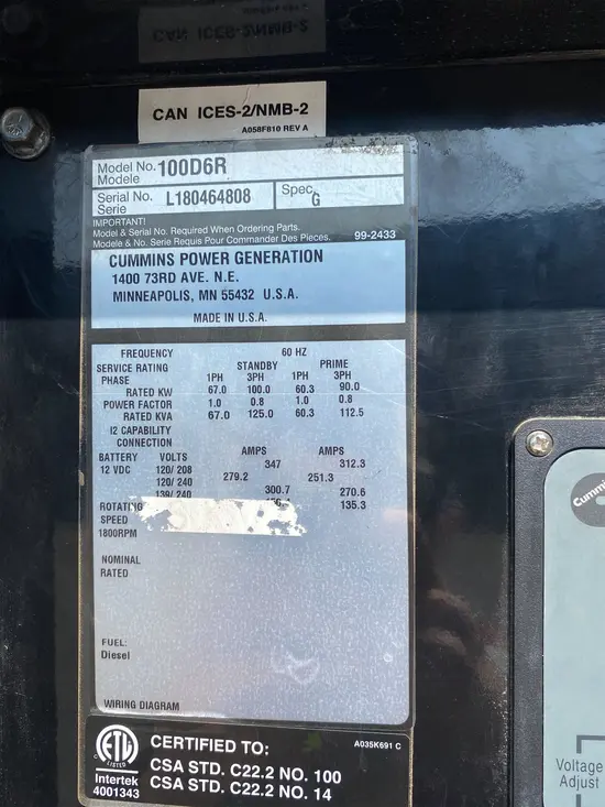 2019 Cummins C100D6R Diesel Generator