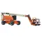 Side view of an orange and white boom lift with extended arm and basket lowered near the ground.