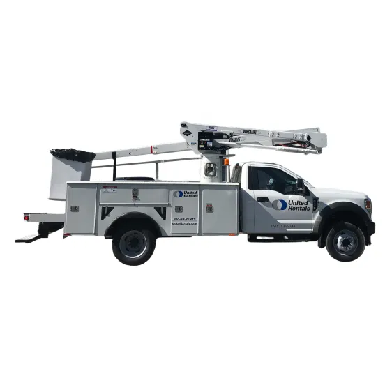 Side view of a white bucket truck featuring a United Rentals Logo with a mounted aerial lift, extendable boom and basket.