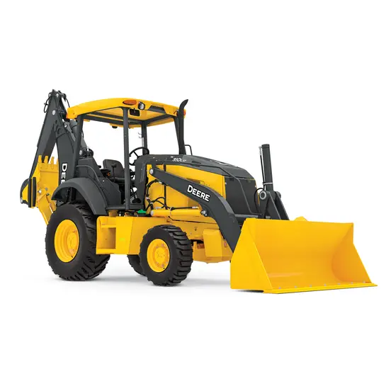 Yellow and black John Deere Backhoe Loader with 17 foot Dig Depth and Extendahoe